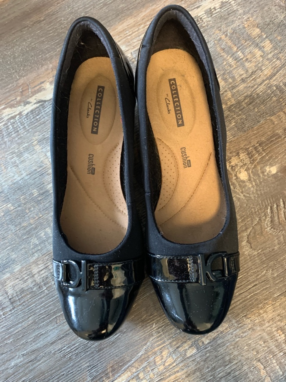 Clarks Black Patent & Fabric Ballet Flats with Bow Accent